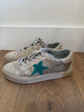 ShuShop Glitter Sneakers with Teal Star and Beige Accents
